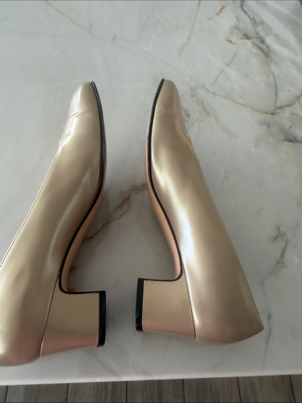 Salvatore Ferragamo Soft Gold/Beige Leather Square-Toe Block Heel Pumps - Picture 6 of 10
